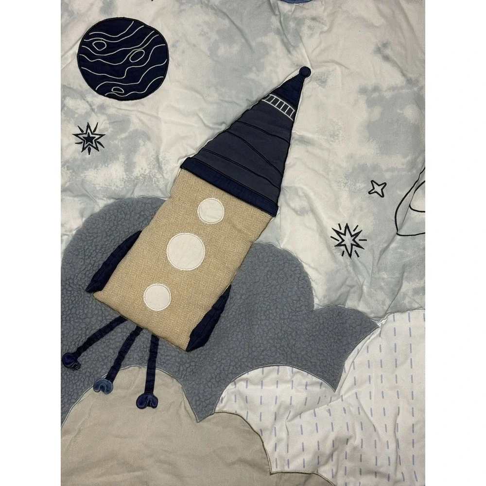 Lambs & Ivy Space‎ Quilt Celestial Rocket Shuttle Moon Stars Blue Baby Blanket